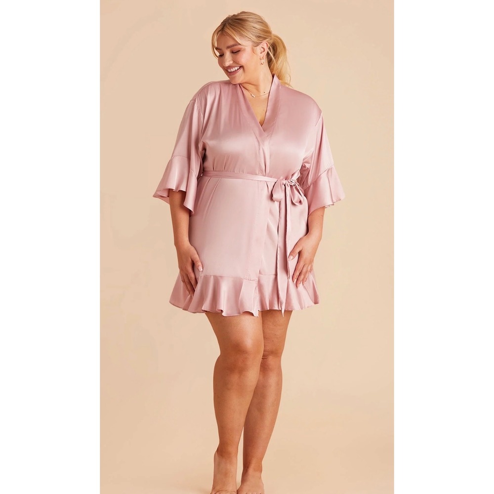 Birdy Grey Satin Ruffle Robe Dusty Rose Pink M/L Wedding Bridal Loungewear